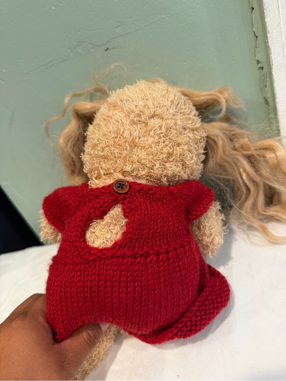 Ty Plush Bear in Red Knit Dress with Blonde Hair - Picture 5 of 9